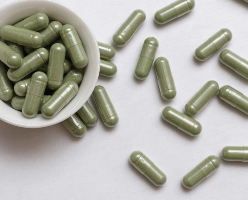 Cannabis supplement pills laying on a table