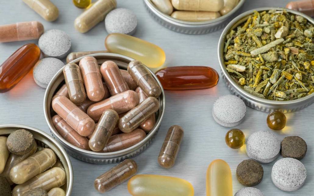 Nutraceutical products on a metal table close up