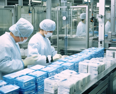 Workers packaging pharmaceutical products